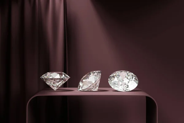 Kulatý Diamant Umístěný Pódiu Závěsem Pozadí Vykreslování — Stock fotografie