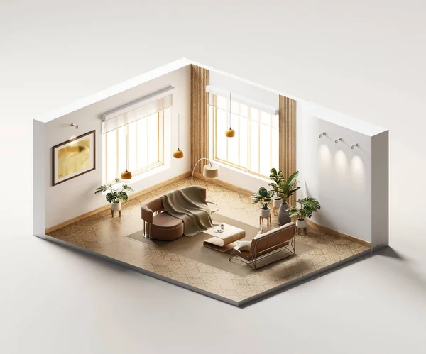 Isometric view living room muji style open inside interior architecture 3d rendering digital art