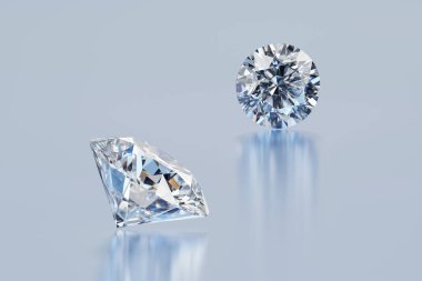 Yuvarlak parlak elmaslar. Beyaz arka planda birkaç yer. 3D görüntüleme.