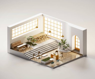 Isometric view toplantı odası çalışma alanı iç mimari içinde açık, 3D dijital sanat sunar.