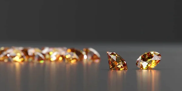 圆形钻石黄玉宝石放在黑暗的反射背景上 3D渲染软焦点 — 图库照片