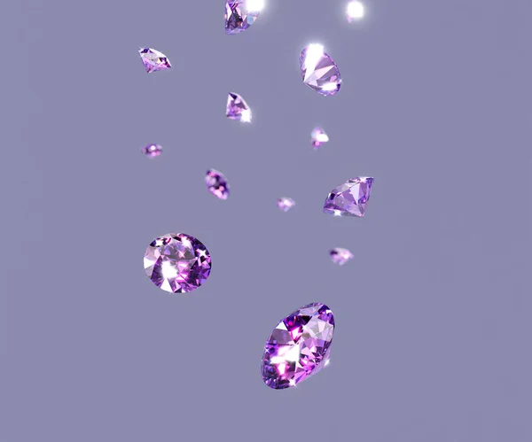 Joyas Redondas Púrpura Grupos Diamantes Joyería Cayendo Fondo Renderizado Enfoque —  Fotos de Stock