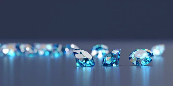 光沢のある背景に配置されたブルーダイヤモンドサファイアのグループ主なオブジェクトフォーカス3Dレンダリング — ストック写真
