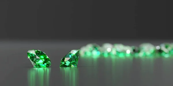 光沢のある背景にグリーンエメラルドダイヤモンドグループソフトフォーカス3Dイラスト — ストック写真