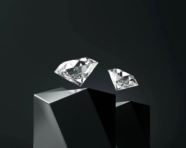 Diamantes Abstractos Gema Colocada Sobre Fondo Pedestal Negro Render —  Fotos de Stock