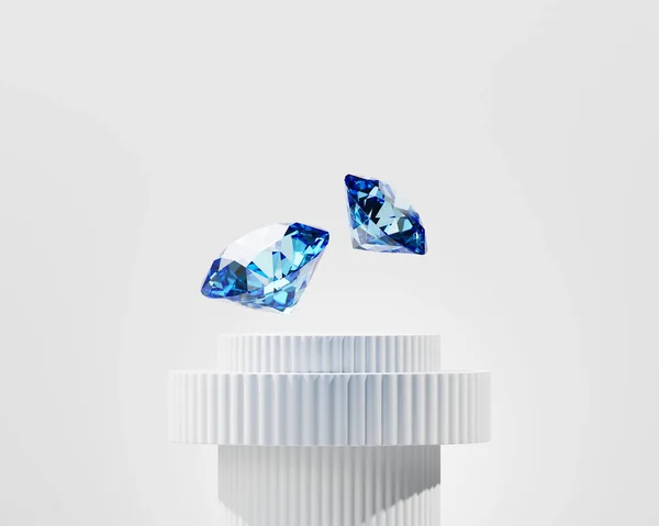Absztrakt Zafír Kék Gyémánt Drágakő Elhelyezett Fehér Piedesztál Háttér Renderelés — Stock Fotó
