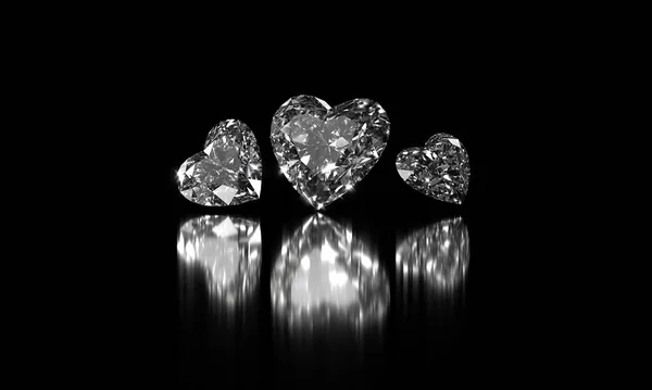 光沢のある背景に配置されたハート型のダイヤモンドグループ3Dレンダリング — ストック写真