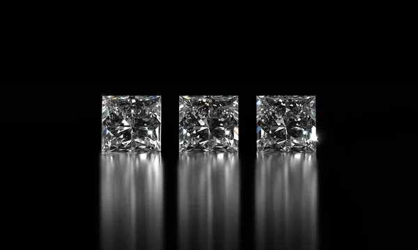 光沢のある背景に配置されたプリンセスシェイプダイヤモンドグループ3Dレンダリング — ストック写真