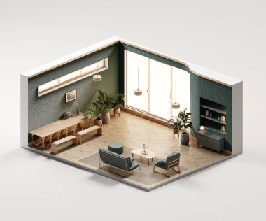 Isometric view room muji style iç mimari 3D dijital sanat sunar