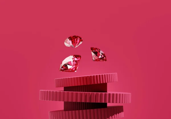 概要赤い台座の背景に配置されたルビーダイヤモンド宝石3Dレンダリング — ストック写真