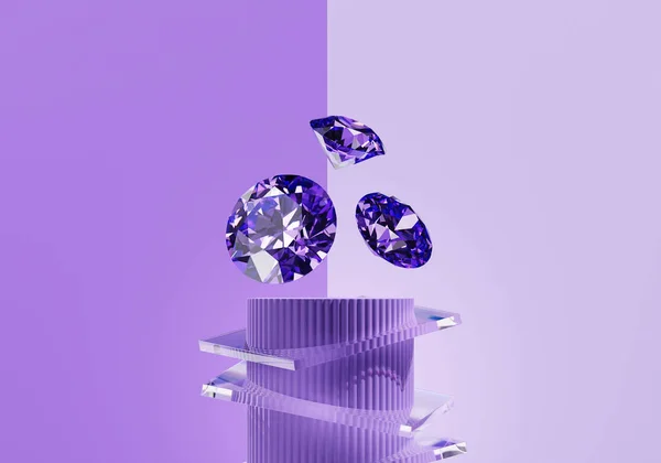 Gema Diamante Púrpura Abstracta Colocada Sobre Fondo Pedestal Púrpura Render —  Fotos de Stock