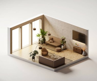 Isometric view room muji style iç mimari 3D dijital sanat sunar