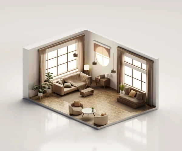 Isométrica Vista Sala Estar Estilo Muji Aberto Dentro Arquitetura Interiores — Fotografia de Stock