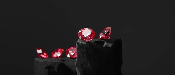 Ruby Gem Diamondグループが暗い背景に配置されたソフトフォーカス3Dレンダリング — ストック写真