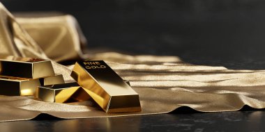 Üst üste dizilmiş altın çubuklar, kumaş arkaplan üzerine yerleştirilmiş, 3B oluşturma