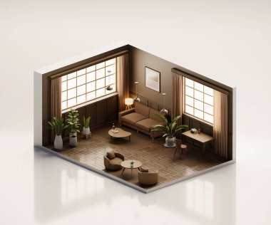 Isometric view room muji style iç mimari 3D dijital sanat sunar