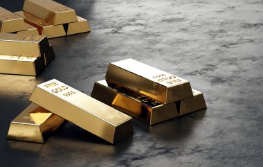 Üst üste dizilmiş altın çubuklar, kumaş arkaplan üzerine yerleştirilmiş, 3B oluşturma