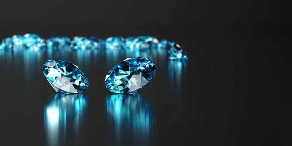 反射背景に配置されたブルーラウンドダイヤモンドのグループ3Dレンダリング — ストック写真