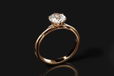 Gold Diamond Ring Isolated On black Background, 3D Rendering. clipart