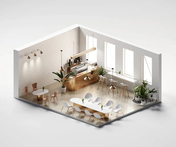 Vista Isométrica Cafetería Mínima Tienda Abierta Dentro Arquitectura Interior Renderizado — Foto de Stock