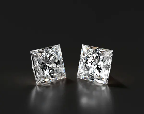 Principessa Forma Gruppo Diamanti Collocato Sfondo Lucido Rendering — Foto Stock