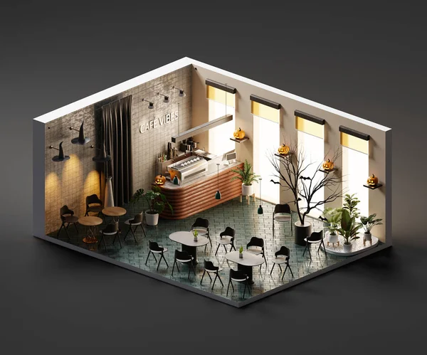 Isometric view cafe store open inside interior architecture halloween theme , 3d rendering.
