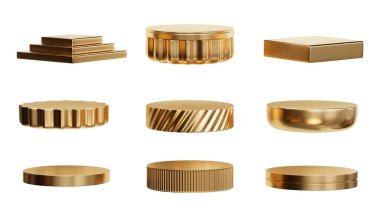 Altın podyum seti beyaz arkaplanda izole edildi 3d görüntüleme