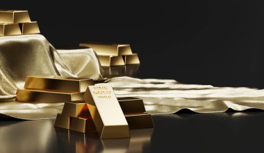 Parlak arkaplana yerleştirilmiş istiflenmiş altın çubuklar 3B yumuşak odak oluşturma