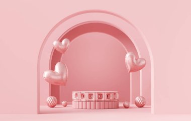 Sevgililer Günü 'nde pembe sahne kürsüsü, kalp ürünü sergisi 3D sunumuyla modellenir. 