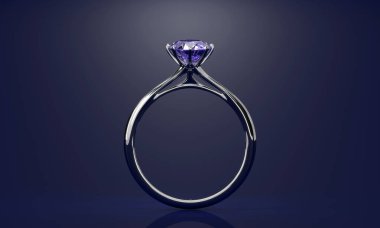 Mor parlak elmas yüzük koyu mavi arkaplana yerleştirildi. 