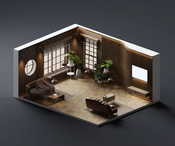 Isometric view living room scandinavian style open inside interior architecture 3d rendering digital art