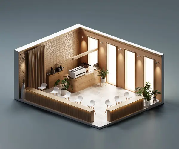 Isometric room minimal cafe store open inside interior architecture 3d rendering digital art
