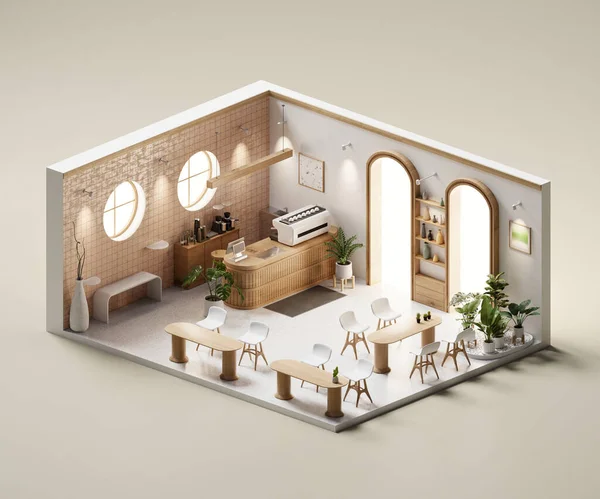 Isometric room minimal cafe store open inside interior architecture 3d rendering digital art