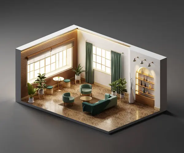 Isometric view living room muji style open inside interior architecture 3d rendering