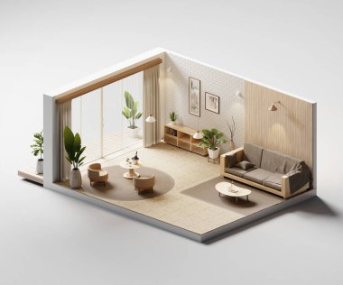 Isometric view room muji style iç mimari 3d görüntüleme