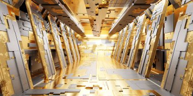 Futuristic sci-fi corridor room. Modern Future background style, interior concept. 3d rendering