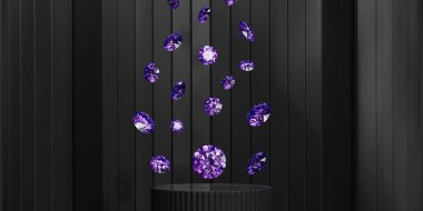 Amethyst purple gemstone diamonds falling on black background 3d rendering clipart