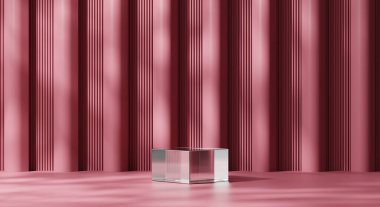 Kırmızı arkaplanlı 3d görüntüleme için kozmetik küp podyumunu temizle