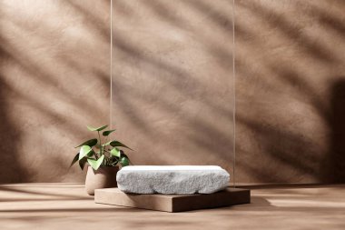 3D işlemeli ahşap ve taş platform podyum ürün sunumu bitkisel kahverengi duvar ve güneş ışığı arkaplanı