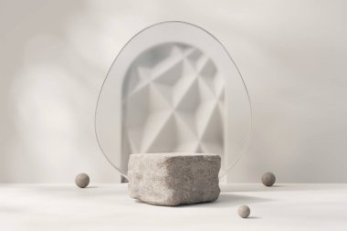 3D işlemeli taş platform podyum ürün sunumu güneş ışığıyla arka plan