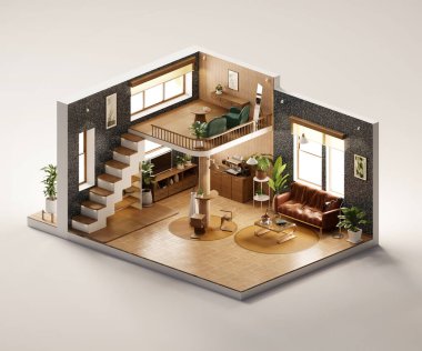 Isometric görünümlü yatak odası iç mimari içinde açık 3D dijital sanat