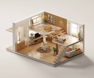 Isometric view room muji style iç mimari 3d görüntüleme