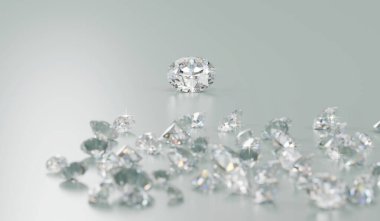Parlak arkaplan üzerine yerleştirilmiş Yuvarlak Parlak Elmaslar grubu 3d Rending Ana Nesne Odaklama