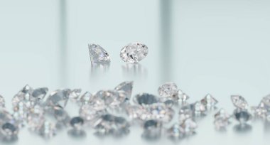 Parlak arkaplan üzerine yerleştirilmiş Yuvarlak Parlak Elmaslar grubu 3d Rending Ana Nesne Odaklama