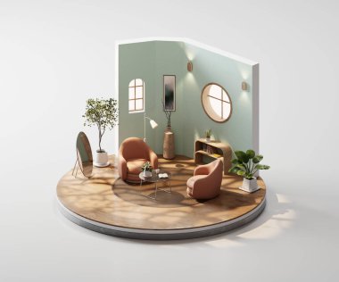 Isometric view round room muji style iç mimari 3d görüntüleme