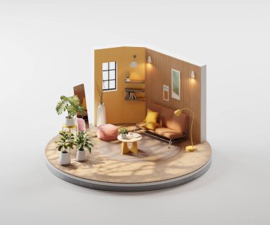 Isometric view round salon rahat tarzı iç mimari 3d görüntüleme