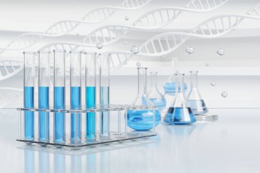 DNA 'sı ve temiz arka planı olan bilim şişesi kimya laboratuvarı.