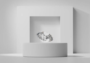 Beyaz kaideye yerleştirilmiş soyut beyaz elmas 3D görüntüleme