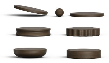 Koyu ahşap podyum set paketi izole arkaplan 3d görüntüleme
