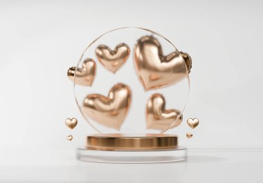 Altın sahne podyumu, kalp ürünü 3D görüntüleme.